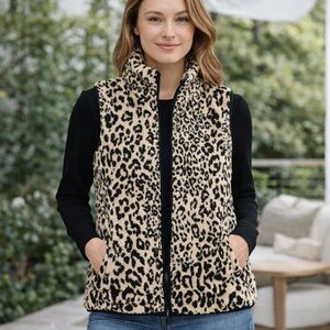 Chaps Ralph Lauren Leopard Print Faux Fur Vest L Sherpa Zip Cozy Quiet Luxury